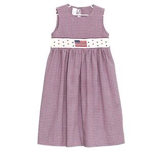 Vintage Girls Dress 6 Red Blue Gingham Smocked American‎ Flag Stars Patriotic